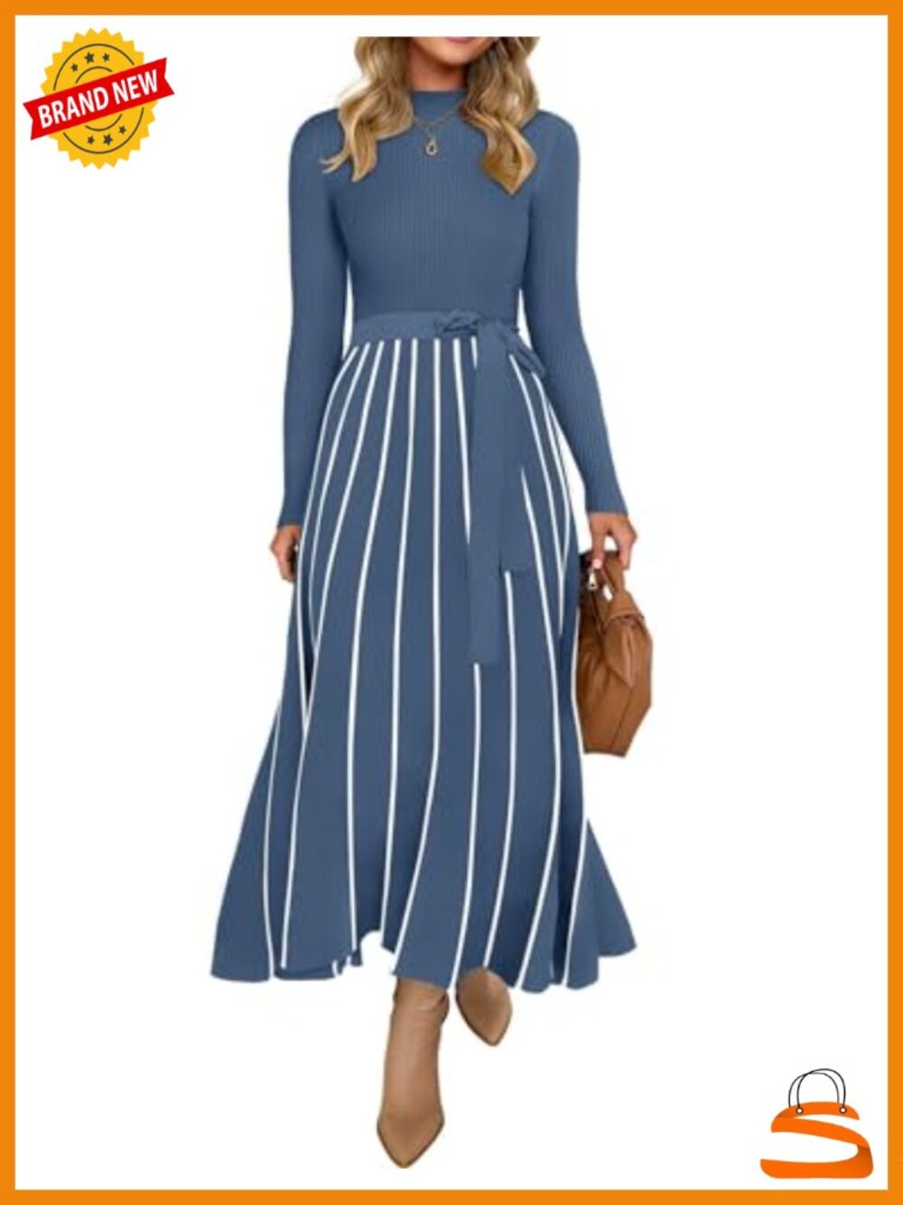 Sweater Dress Long Sleeve Turtleneck Maxi A-Line Belted Ribbed Knit Women's